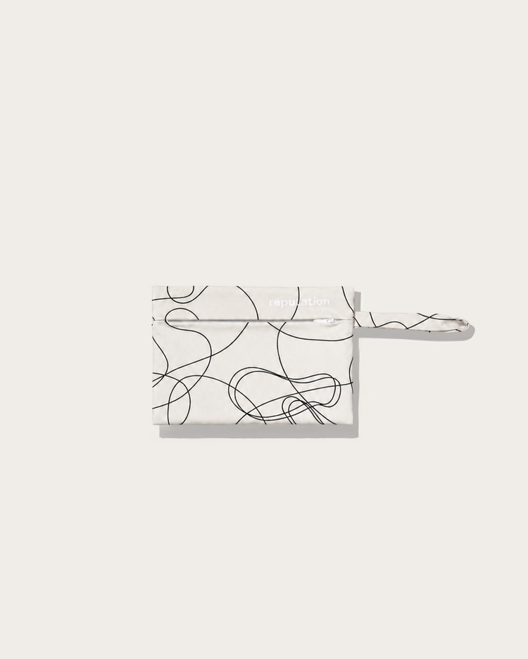 Reputation Drawing print swimwear packaging pouch, flat lay