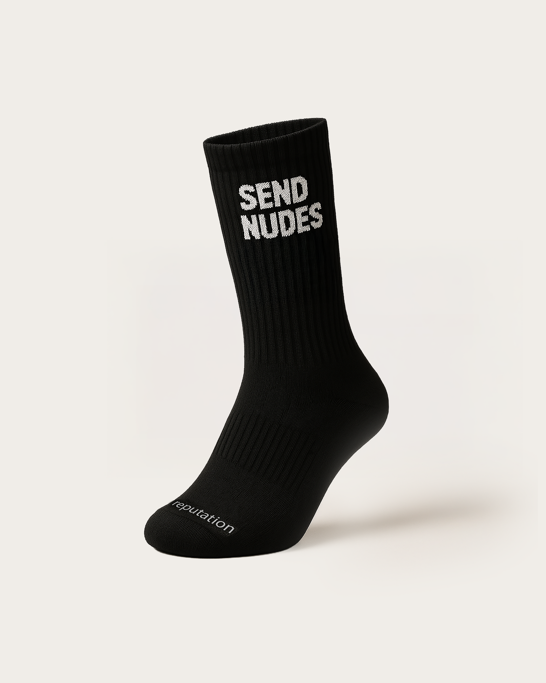 Reputation Send Nudes crew socks in black, front view